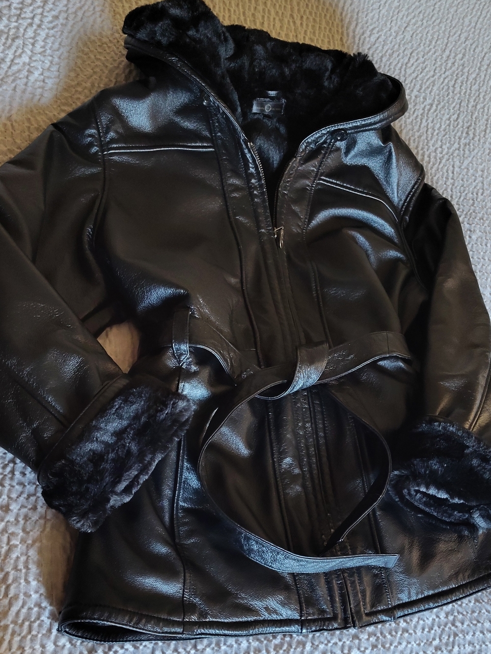 Wilsons Black All Leather Hooded Coat Pockets & Tie Plus Size 1X NWOT